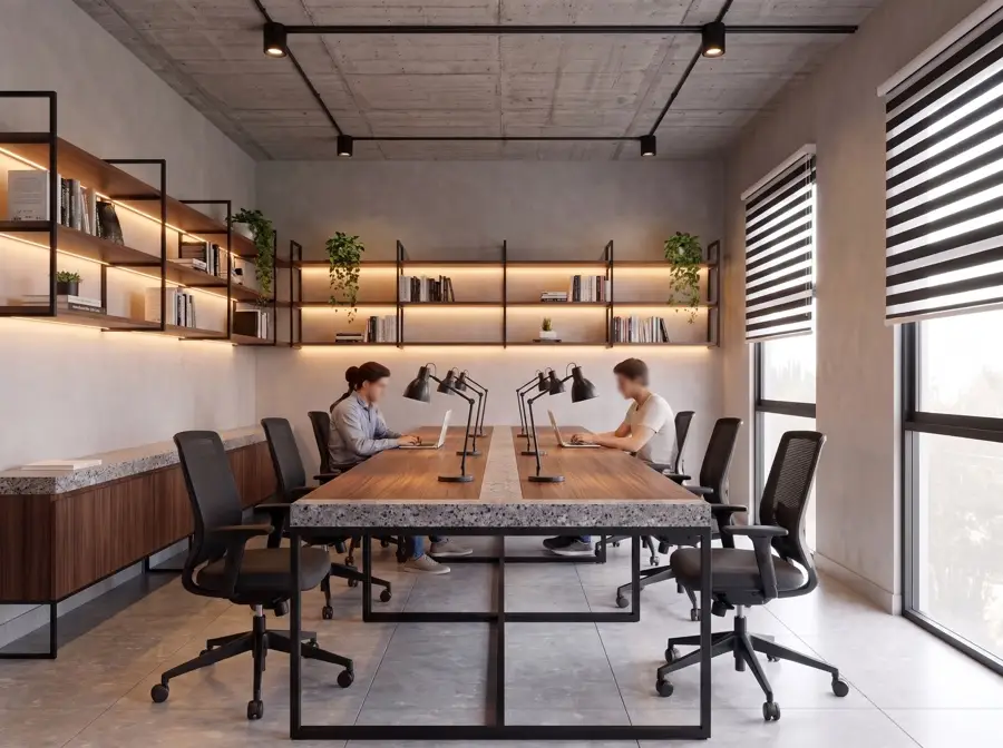 Sala de coworking con mesa larga de nogal, estantería negra y estudiantes trabajando