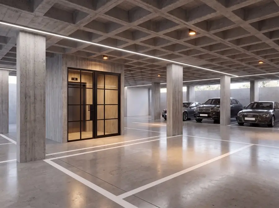 Estacionamiento techado con losa reticular de concreto y cajones marcados