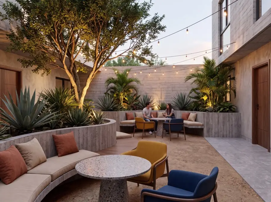 Jardín social con agaves, banca curva de concreto y mesas de terrazo al anochecer