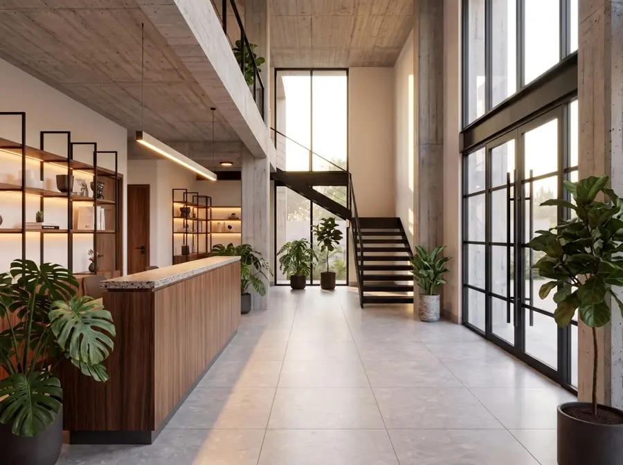 Lobby a doble altura con recepción de nogal y terrazo, y escalera de acero negro