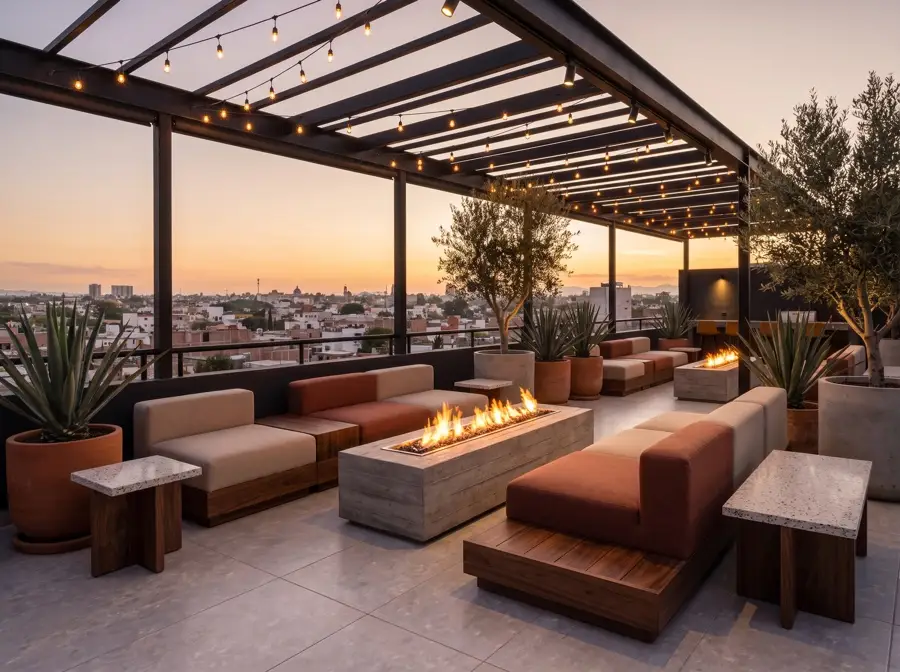 Terraza en la azotea al atardecer, con asientos bajos, fuego lineal y vista a León