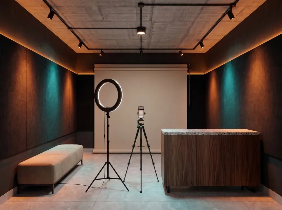 Sala de grabación con aro de luz, tripié y muros iluminados en teal y ámbar