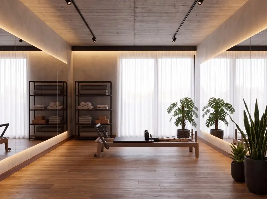Estudio de yoga con piso de madera, cortinas traslúcidas, reformer y plantas