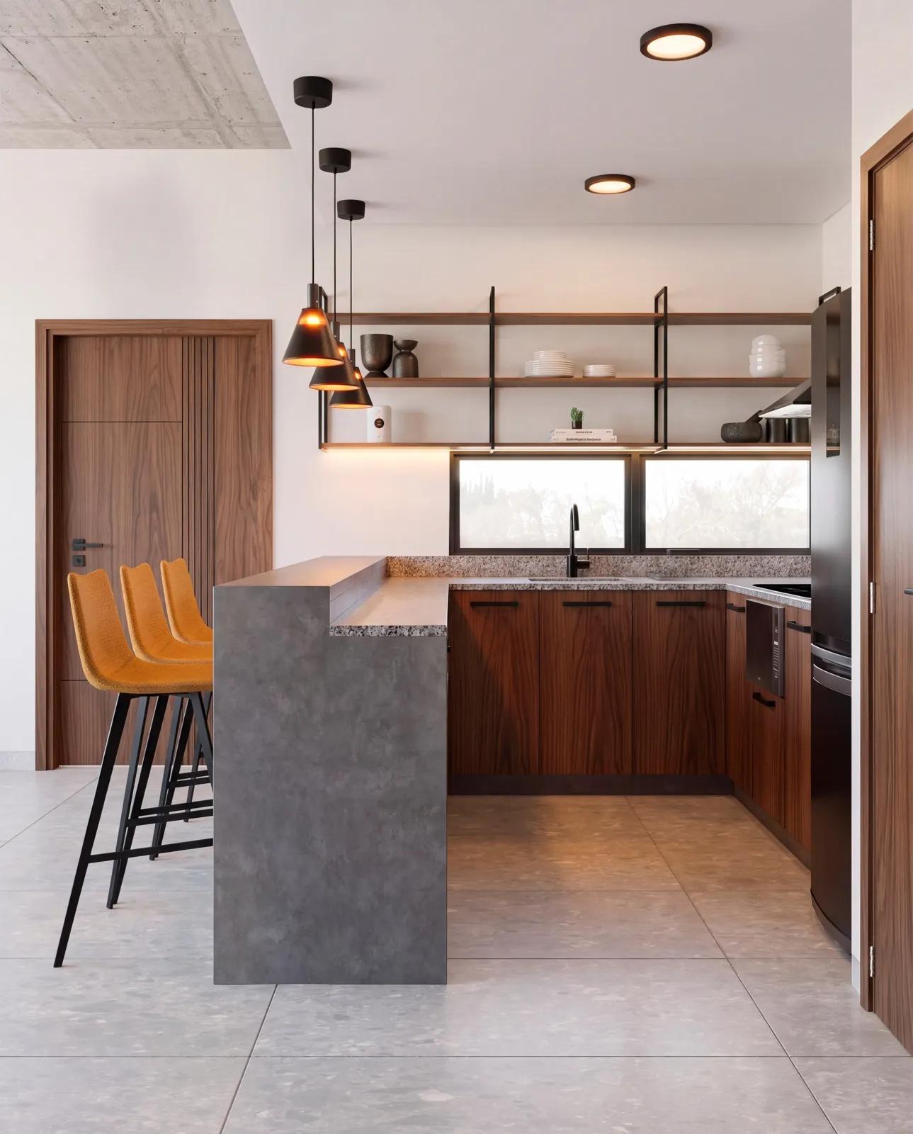 Cocina integral del departamento de 45 m², con barra de concreto y gabinetes de madera
