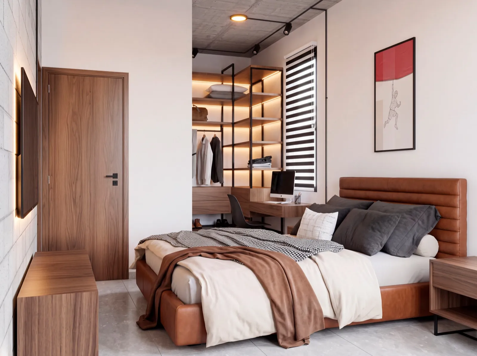 Recámara del departamento de 45 m², con clóset abierto iluminado y escritorio junto a la ventana