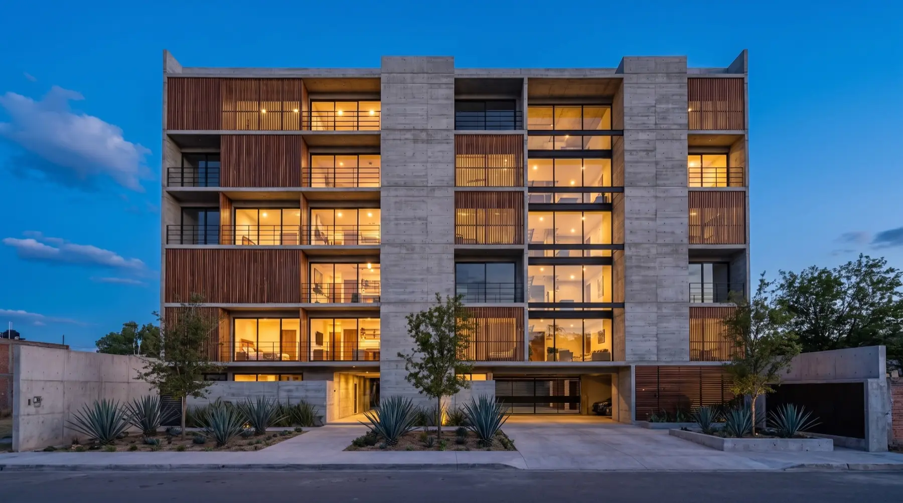 Fachada de GUIZMO Torre Urbana: siete niveles con celosía de madera, concreto aparente y ventanales iluminados